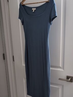 See You Monday Slate Blue Scoop-Neck Midi Dress